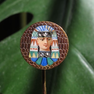 Antique 18k Gold Rose Cut Diamond Enamel Egyptian Pharaoh Stickpin