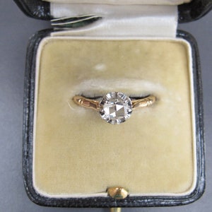 Antique Rose Cut Diamond Solitaire in 18k Gold and Platinum Engagement Ring