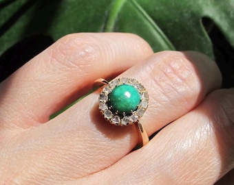 Antique Turquoise and Rose Cut Diamond Halo Ring in 18k Yellow Gold