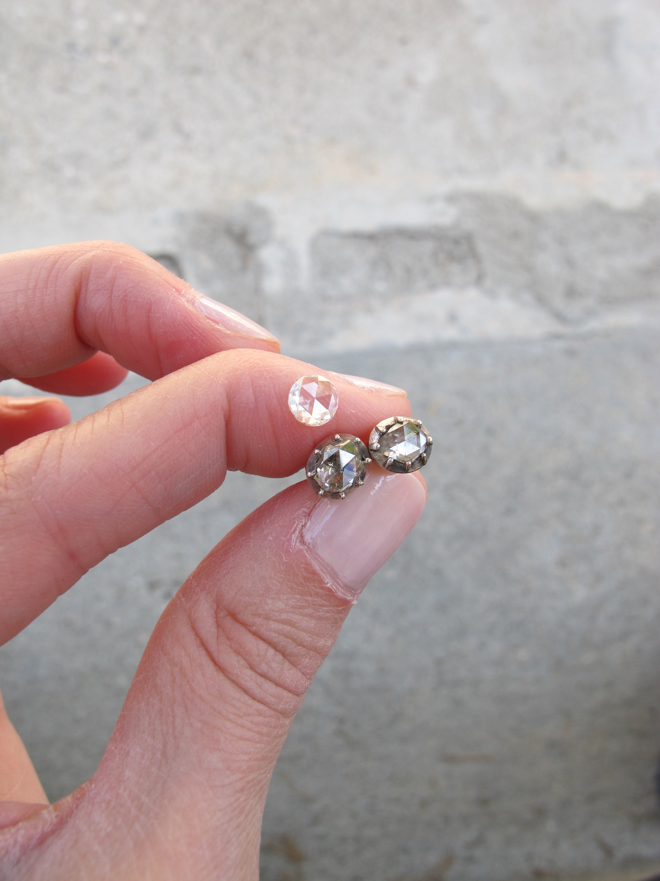 Antique Rose Cut Diamond Collet Set in Silver and 14k Yellow Gold Stud ...