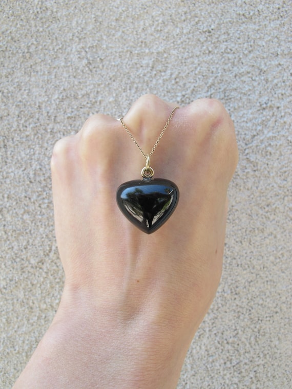 Vintage Carved Black Agate Heart Pendant with 14k… - image 1