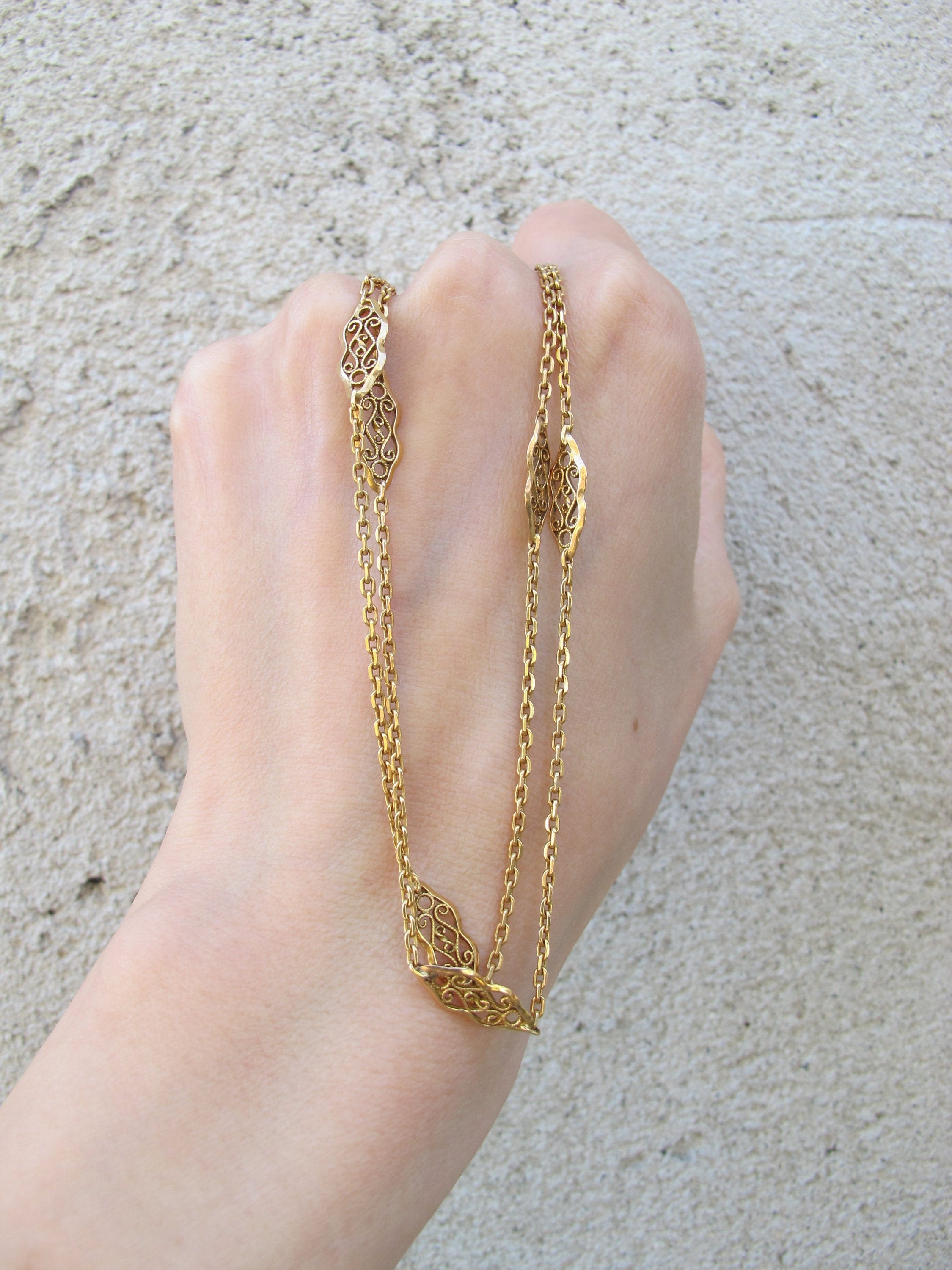 Estate Filigree Station Necklace with Fancy Link in 18K Yellow Gold Over 18"Long Estate Filigree Station Necklace with Fancy Link in 18K Yellow Gold Over 18"Long