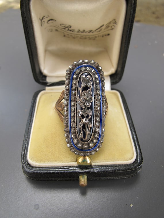 Antique Cobalt Blue Enamel Rose Cut Diamond 14k Go