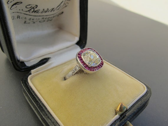 Art Deco Style Platinum Diamond and Ruby Halo Eng… - image 2