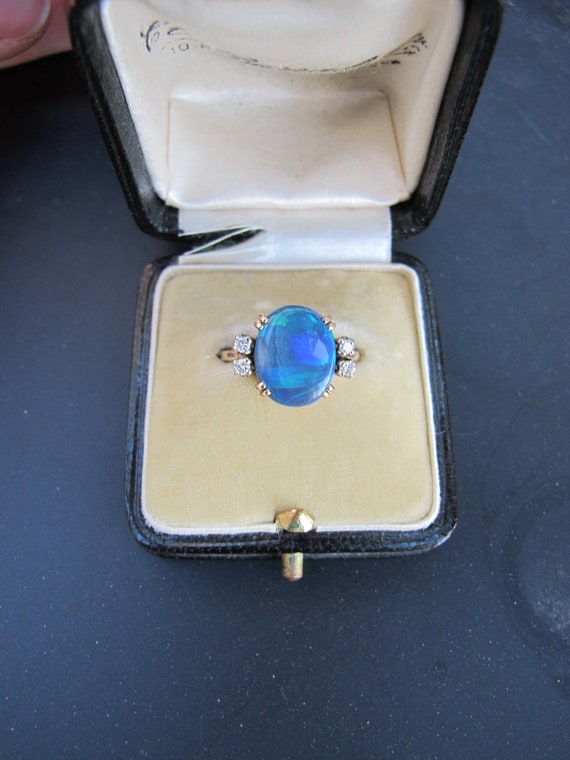 Vintage Natural Black Opal with Diamonds in 14k Y… - image 1