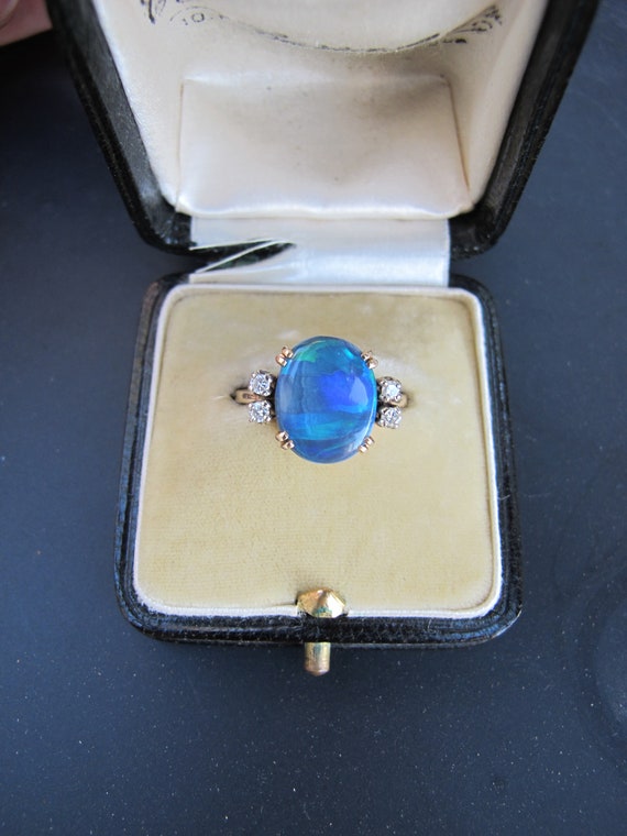 Vintage Natural Black Opal with Diamonds in 14k Y… - image 2