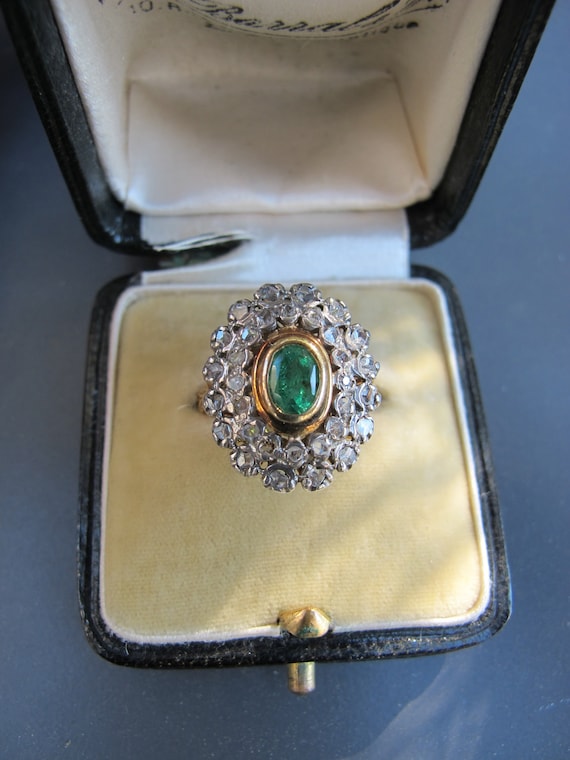 Antique Emerald and Rose Cut Diamond Halo Ring