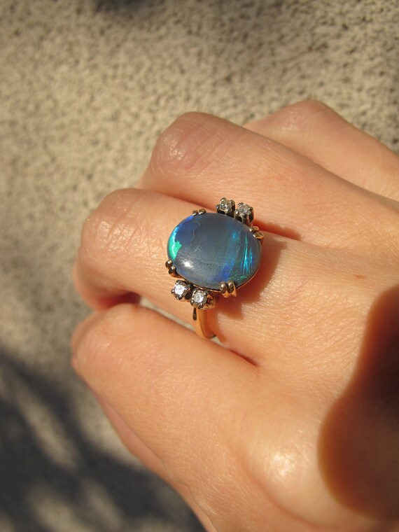 Vintage Natural Black Opal with Diamonds in 14k Y… - image 7