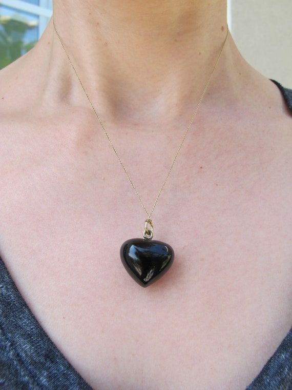 Vintage Carved Black Agate Heart Pendant with 14k… - image 7