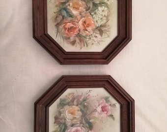 Par de piezas vintage octogonales de cerámica y madera para arte mural - Motivos florales