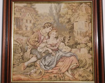Tapiz pastoral de estilo rococó vintage, escena de pareja, marco de madera maciza.