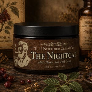 May include: A dark brown jar with a black lid labeled The Unfiltered Cream Co. The Nightcap Men's Horny Goat Weed Cream, Net Wt 4oz (113g). The label features a graphic of a man with a beard smoking a cigar and holding a glass.