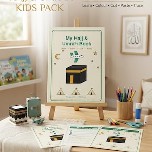 Puede incluir: Un paquete de actividades para niños sobre el Hajj y la Umrah con 18 páginas para aprender, colorear, recortar, pegar y trazar. El set incluye un libro en un caballete de madera, hojas de actividades, un modelo de la Kaaba y un avión de juguete.