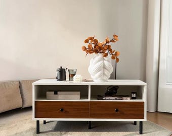 Modern Coffee Table with Drawers – Wooden Center Table  Storage Shelves White Walnut