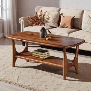 May include: A rectangular wooden coffee table with a lower shelf. The table has a rich, dark brown finish and rounded corners. A vase with dried flowers, books, and decorative items are on the table. The table is in front of a beige sofa.