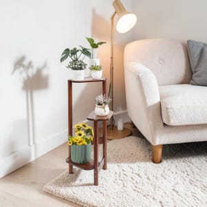 May include: A three-tiered, dark brown wooden plant stand holding various potted plants and flowers. The stand has a rectangular top and two smaller, triangular shelves. A floor lamp and a cream-coloured sofa are in the background.
