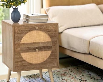 Bedroom Bedside Table Rattan Storage Cabinet with Wooden Legs and Drawer Design