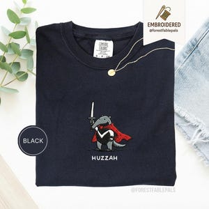 Funny Anteater Sword Shirt, Embroidered Huzzah Anteater Shirt, Medieval Animal Tee, Renaissance Faire, Cute Anteater Gift, Comfort Colors Black