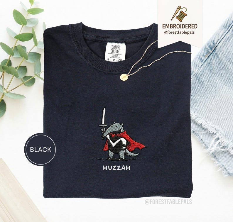 Funny Anteater Sword Shirt, Embroidered Huzzah Anteater Shirt, Medieval Animal Tee, Renaissance Faire, Cute Anteater Gift, Comfort Colors Black