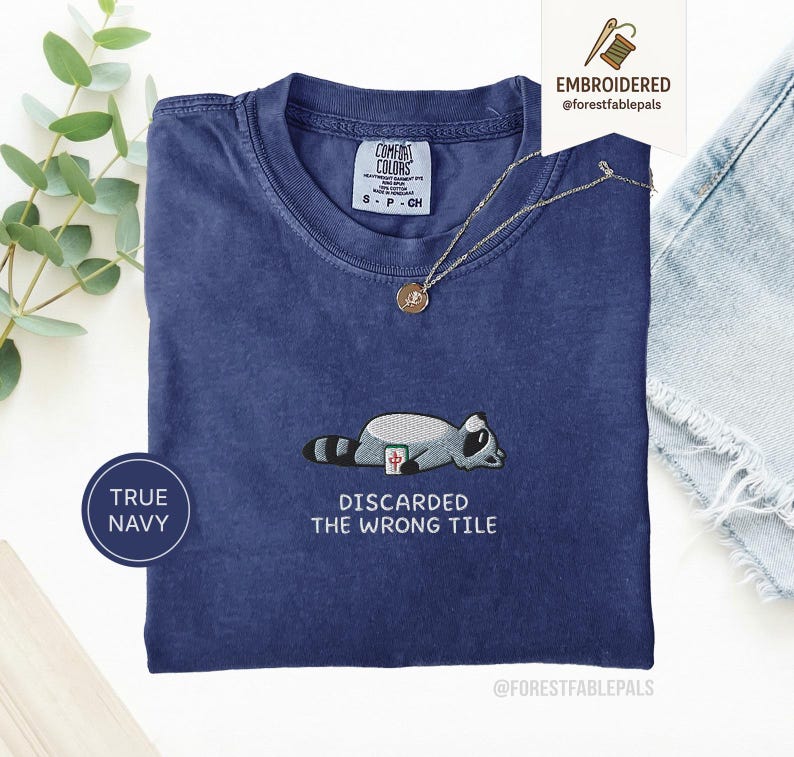 Embroidered Funny Mahjong Raccoon Shirt - Mahjong Gift, Mah Jong Shirt, American Mahjong, Mahjong Lover Gift, Mahjong Player Tee, Mahjongg True Navy