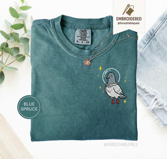 Space Pigeon T-Shirt, Embroidered Funny Pigeon Shirt, Cute Cosmic Animal Tee, Comfort Colors Shirt, Pigeon Lover Gift, Cute Animal Shirt