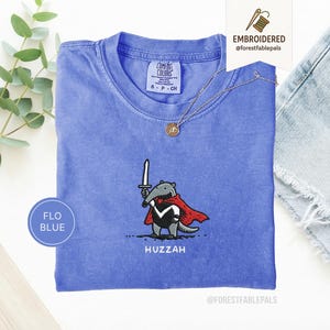 Funny Anteater Sword Shirt, Embroidered Huzzah Anteater Shirt, Medieval Animal Tee, Renaissance Faire, Cute Anteater Gift, Comfort Colors Flo Blue