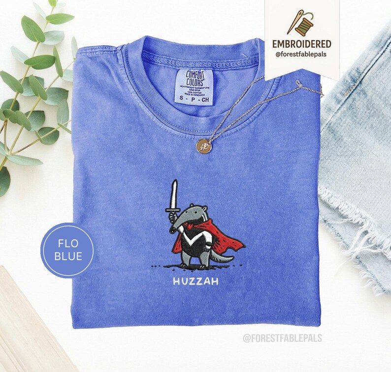 Funny Anteater Sword Shirt, Embroidered Huzzah Anteater Shirt, Medieval Animal Tee, Renaissance Faire, Cute Anteater Gift, Comfort Colors Flo Blue