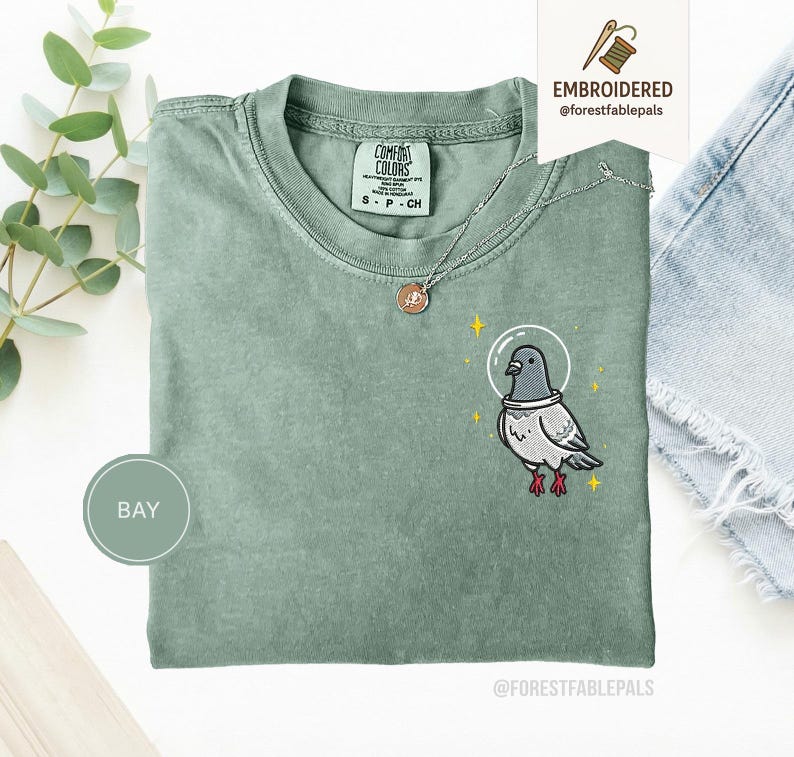 Maglietta con piccione spaziale, maglietta con piccione divertente ricamato, maglietta con simpatico animale cosmico, maglietta Comfort Colors, regalo per amanti dei piccioni, maglietta con animale carino Bay