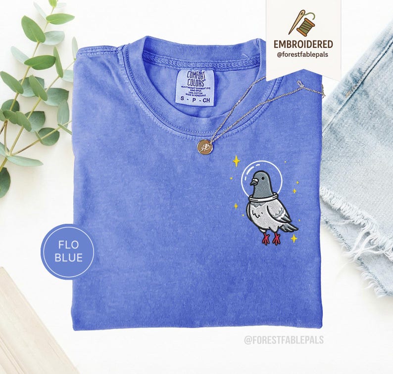 Maglietta con piccione spaziale, maglietta con piccione divertente ricamato, maglietta con simpatico animale cosmico, maglietta Comfort Colors, regalo per amanti dei piccioni, maglietta con animale carino Flo Blue