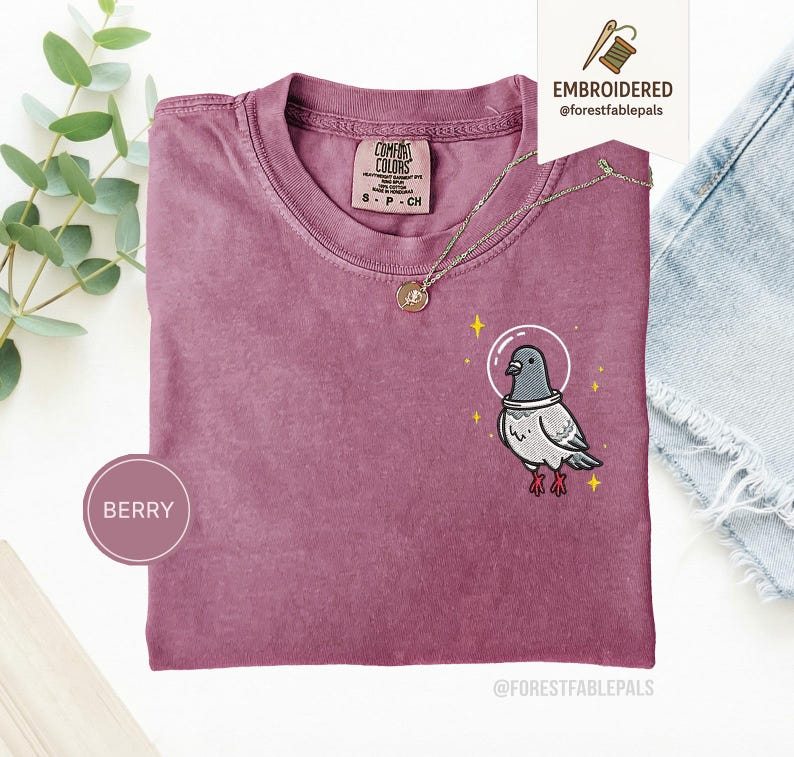 Maglietta con piccione spaziale, maglietta con piccione divertente ricamato, maglietta con simpatico animale cosmico, maglietta Comfort Colors, regalo per amanti dei piccioni, maglietta con animale carino Berry