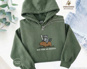 We Ride at Dawn Hoodie, Funny Raccoon Capybara Hoodie, Embroidered, Ren Faire Clothing, Cute Animal Hoodie, Medieval hoodie, Dnd Hoodie
