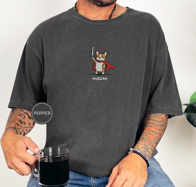 Funny Corgi Sword Shirt, Embroidered Huzzah Corgi Shirt, Medieval Dog Tee, Cute Dog Lover Gift, Renaissance Faire Shirt, Comfort Colors image 7