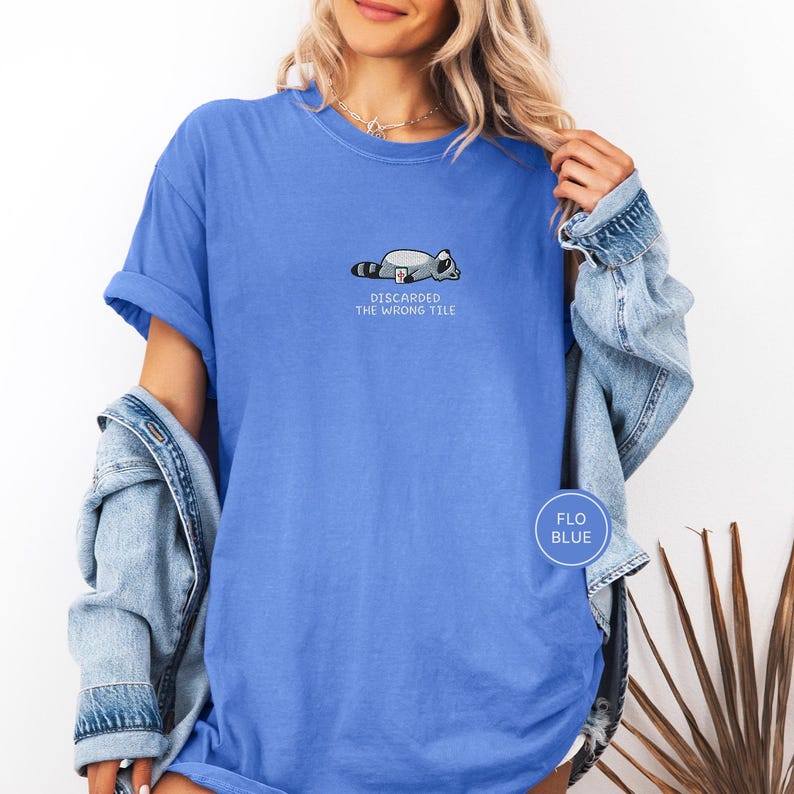 Embroidered Funny Mahjong Raccoon Shirt - Mahjong Gift, Mah Jong Shirt, American Mahjong, Mahjong Lover Gift, Mahjong Player Tee, Mahjongg Flo Blue