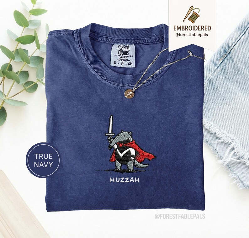 Funny Anteater Sword Shirt, Embroidered Huzzah Anteater Shirt, Medieval Animal Tee, Renaissance Faire, Cute Anteater Gift, Comfort Colors True Navy