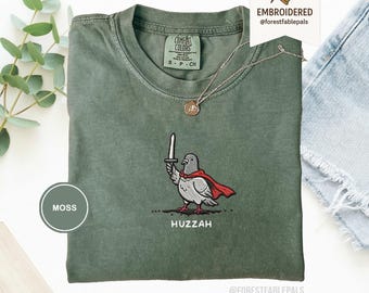 Huzzah Pigeon with Sword Tee, Embroidered Medieval Pigeon Shirt, Comfort Colors 1717, Funny DnD T-Shirt, Renaissance Fair