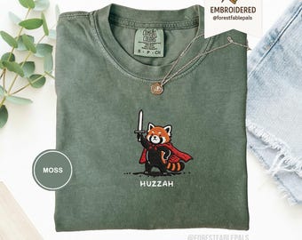 Huzzah Red Panda with Sword Tee, Embroidered Medieval Red Panda Shirt, Comfort Colors 1717, Funny DnD T-Shirt, Renaissance Fair