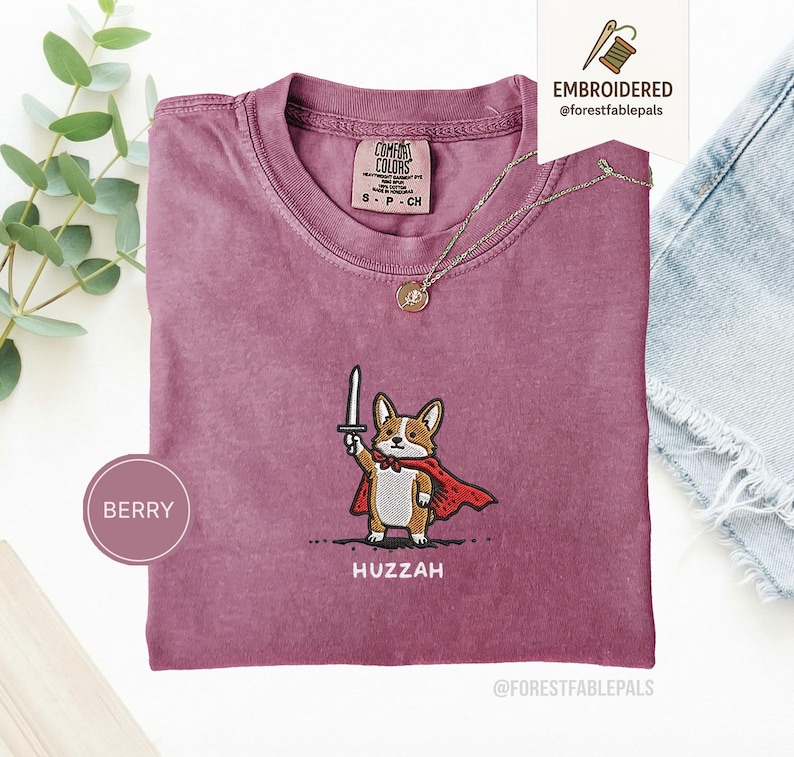 Funny Corgi Sword Shirt, Embroidered Huzzah Corgi Shirt, Medieval Dog Tee, Cute Dog Lover Gift, Renaissance Faire Shirt, Comfort Colors Berry