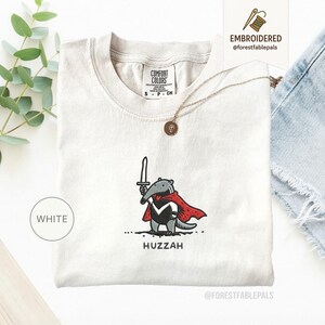 Funny Anteater Sword Shirt, Embroidered Huzzah Anteater Shirt, Medieval Animal Tee, Renaissance Faire, Cute Anteater Gift, Comfort Colors White