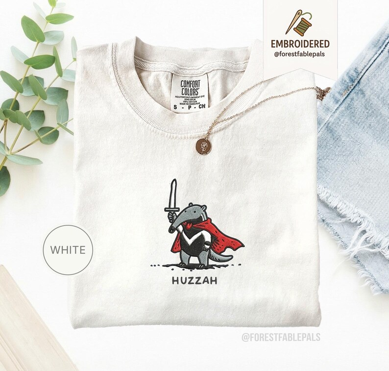 Funny Anteater Sword Shirt, Embroidered Huzzah Anteater Shirt, Medieval Animal Tee, Renaissance Faire, Cute Anteater Gift, Comfort Colors White