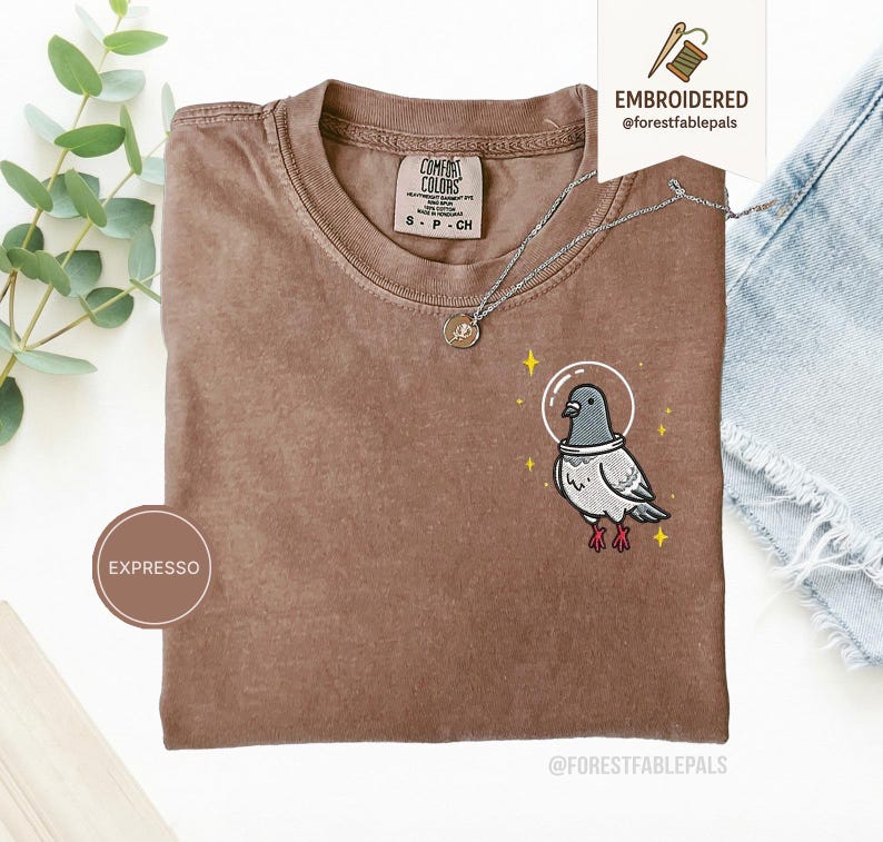 Maglietta con piccione spaziale, maglietta con piccione divertente ricamato, maglietta con simpatico animale cosmico, maglietta Comfort Colors, regalo per amanti dei piccioni, maglietta con animale carino Espresso