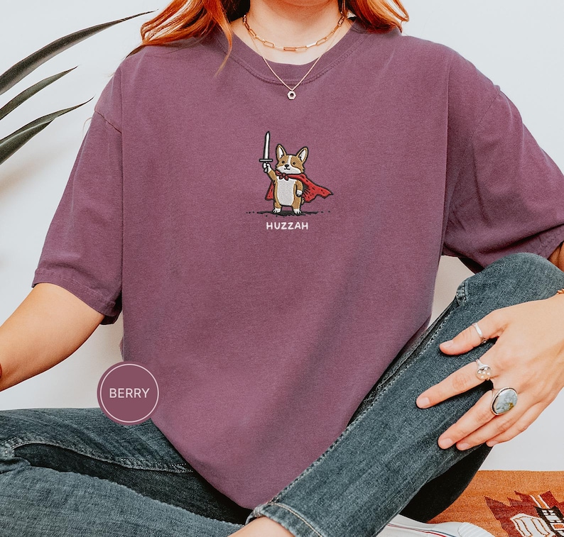 Funny Corgi Sword Shirt, Embroidered Huzzah Corgi Shirt, Medieval Dog Tee, Cute Dog Lover Gift, Renaissance Faire Shirt, Comfort Colors image 5