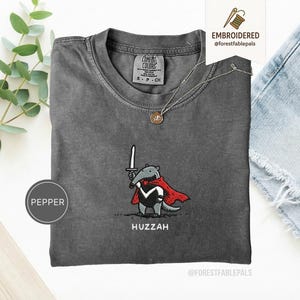 Funny Anteater Sword Shirt, Embroidered Huzzah Anteater Shirt, Medieval Animal Tee, Renaissance Faire, Cute Anteater Gift, Comfort Colors Pepper