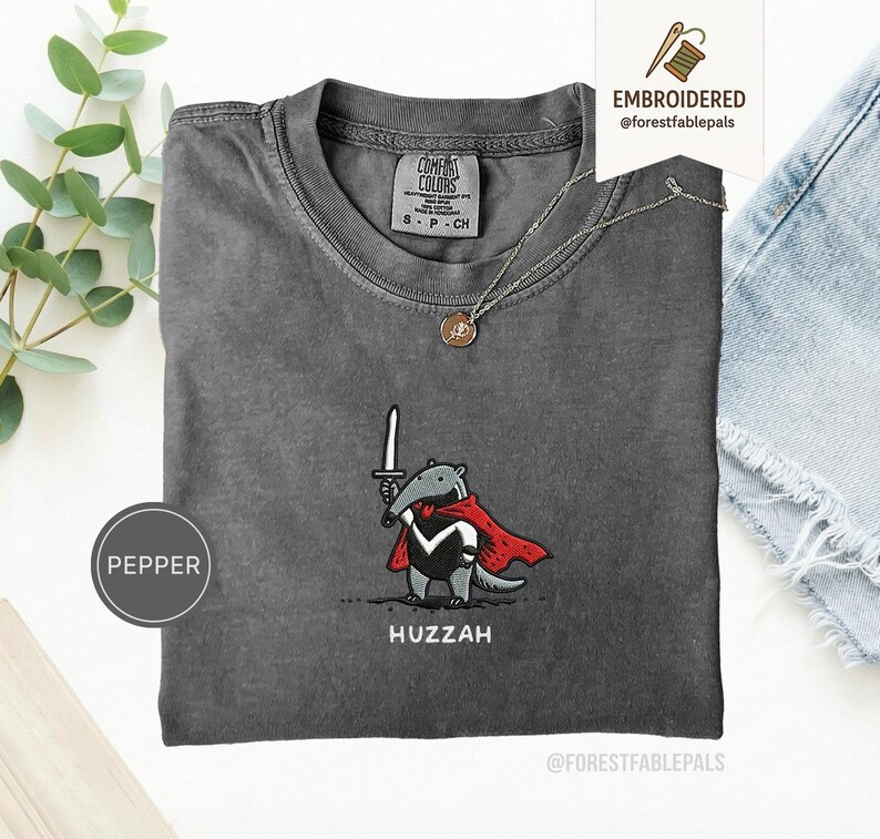 Funny Anteater Sword Shirt, Embroidered Huzzah Anteater Shirt, Medieval Animal Tee, Renaissance Faire, Cute Anteater Gift, Comfort Colors Pepper