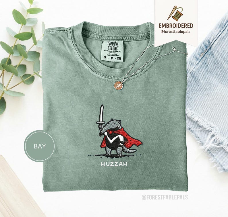 Funny Anteater Sword Shirt, Embroidered Huzzah Anteater Shirt, Medieval Animal Tee, Renaissance Faire, Cute Anteater Gift, Comfort Colors Bay
