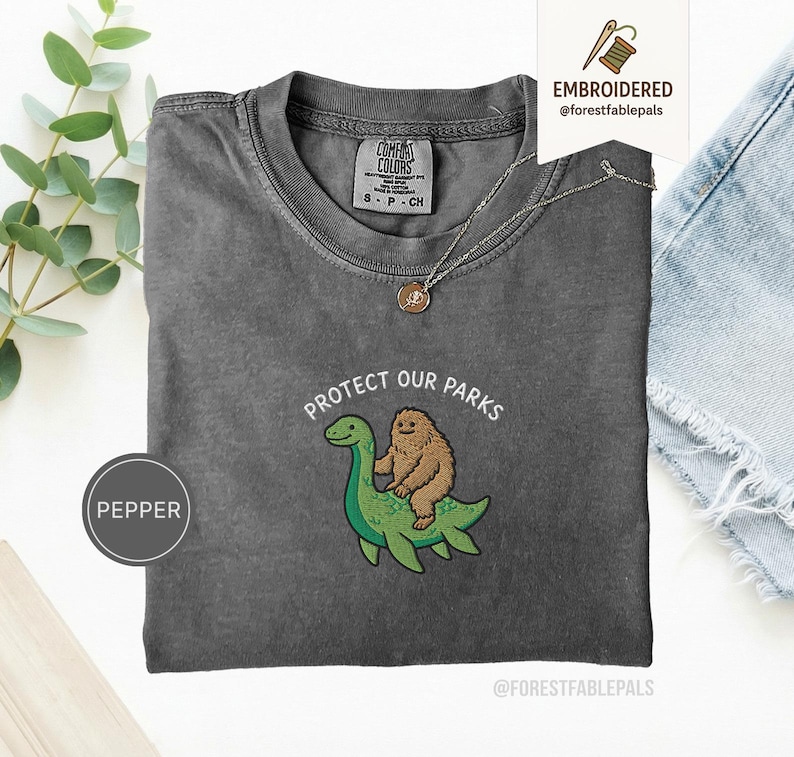Embroidered Bigfoot Loch Ness Shirt - Protect Our National Parks T-Shirt, Cryptid Tee, Comfort Colors®, Funny Cryptid Gift Pepper