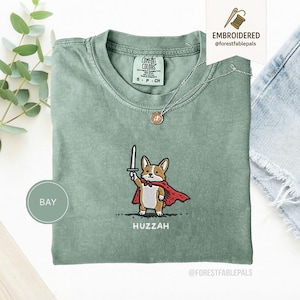 Funny Corgi Sword Shirt, Embroidered Huzzah Corgi Shirt, Medieval Dog Tee, Cute Dog Lover Gift, Renaissance Faire Shirt, Comfort Colors Bay