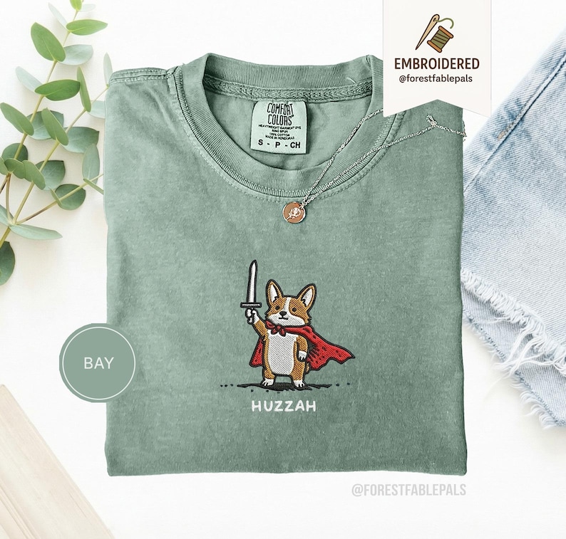 Funny Corgi Sword Shirt, Embroidered Huzzah Corgi Shirt, Medieval Dog Tee, Cute Dog Lover Gift, Renaissance Faire Shirt, Comfort Colors Bay