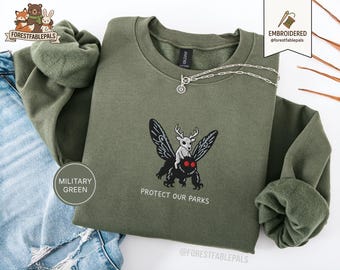 Embroidered Wendigo Mothman Sweatshirt - Protect Our National Parks Sweatshirt, Cryptid Sweater, Funny Cryptid Gift