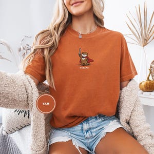 May include: A burnt orange t-shirt featuring a cartoon otter with a sword and cape, with the word "Huzzah" below. The shirt is a solid color with a round neck and short sleeves. The color swatch "YAM" is in the lower left corner.