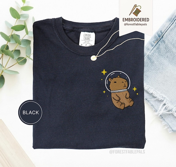 Space Capybara T-Shirt - Embroidered Capybara Shirt, Cute Cosmic Animal Tee, Comfort Colors Shirt, Capybara Lover Gift, Funny Animal Shirt